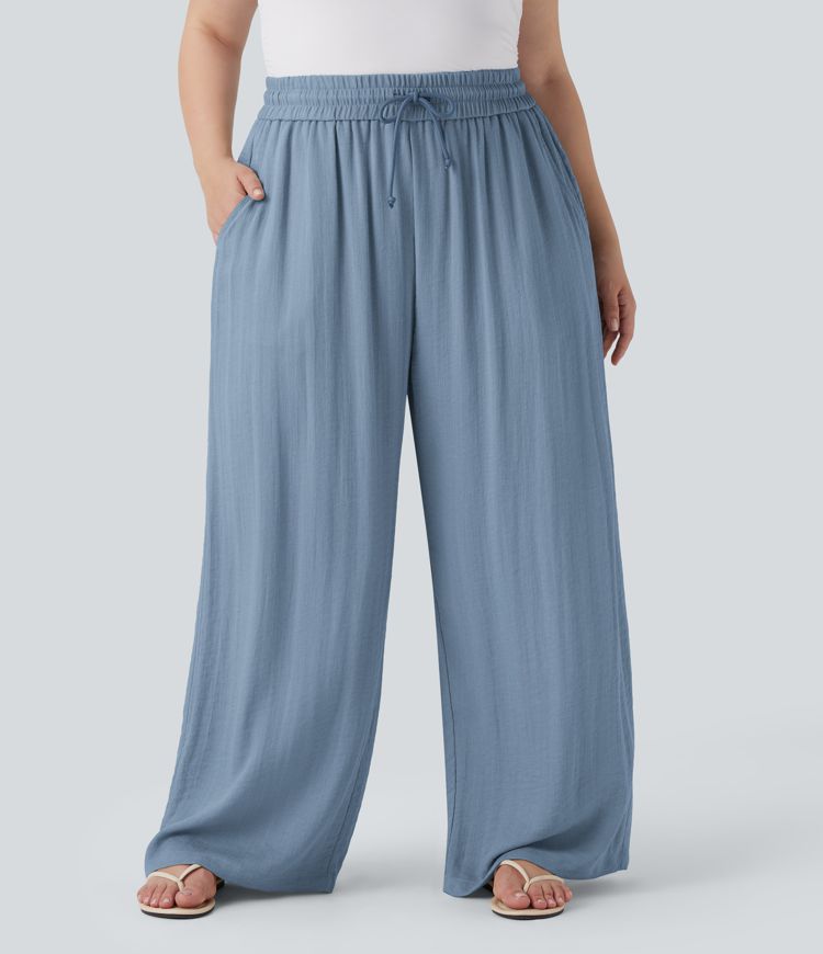 High Waisted Drawstring Linen-Feel Wide Leg Casual Plus Size Pants with Pockets