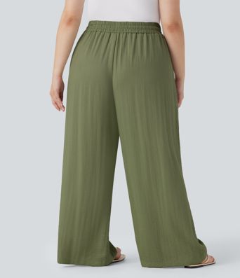 High Waisted Drawstring Linen-Feel Wide Leg Casual Plus Size Pants with Pockets