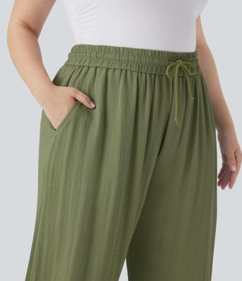 High Waisted Drawstring Linen-Feel Wide Leg Casual Plus Size Pants with Pockets