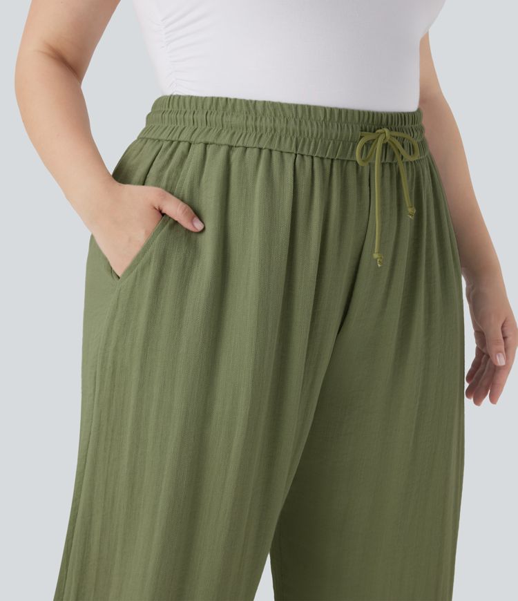 High Waisted Drawstring Linen-Feel Wide Leg Casual Plus Size Pants with Pockets