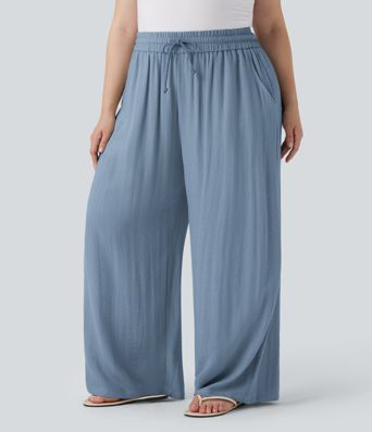 High Waisted Drawstring Linen-Feel Wide Leg Casual Plus Size Pants with Pockets