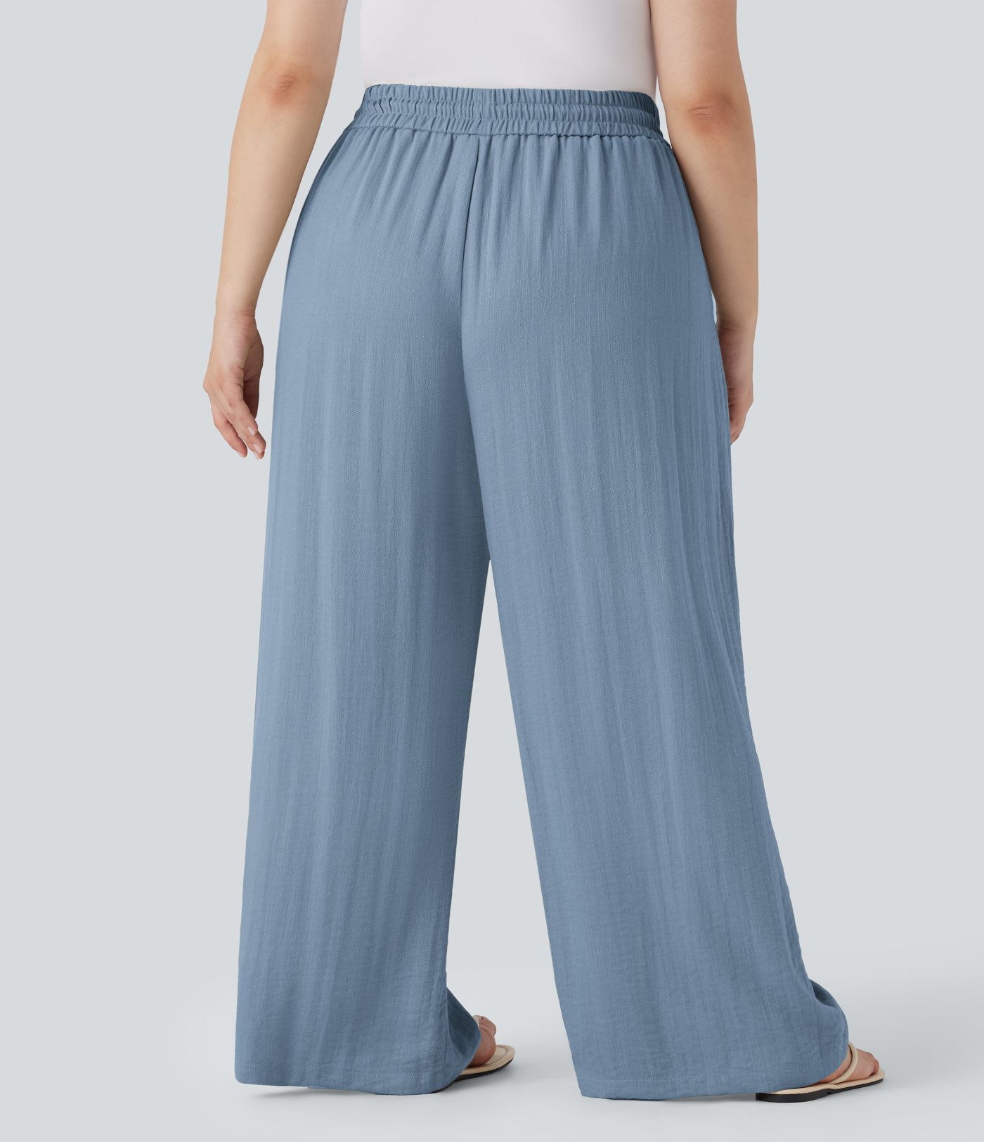 High Waisted Drawstring Linen-Feel Wide Leg Casual Plus Size Pants with Pockets