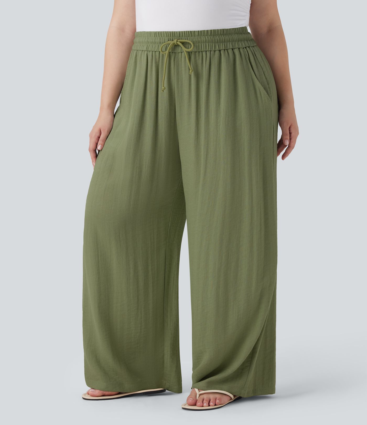 High Waisted Drawstring Linen-Feel Wide Leg Casual Plus Size Pants with Pockets