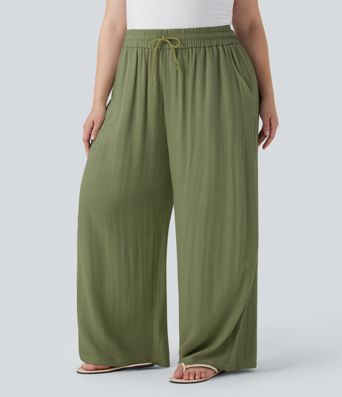 High Waisted Drawstring Linen-Feel Wide Leg Casual Plus Size Pants with Pockets