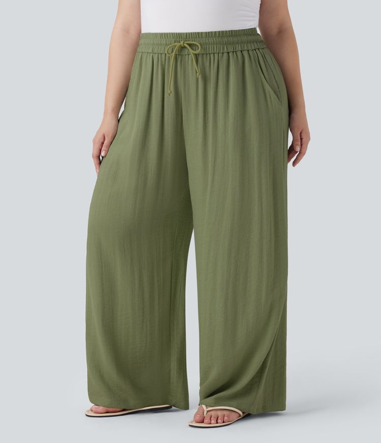 High Waisted Drawstring Linen-Feel Wide Leg Casual Plus Size Pants with Pockets