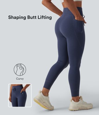 High Waisted Drawstring Houndstooth Tapered Yoga Leggings with Pockets