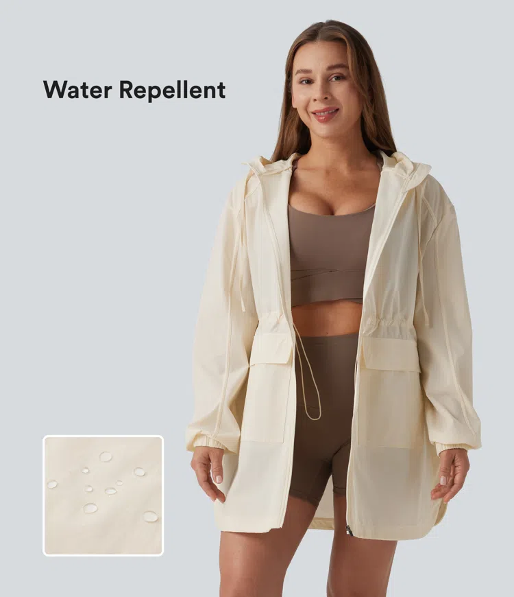 Water Repellent Wear-Resistant Hooded Drawstring Curved Hem Hiking Cargo Jacket with Pockets