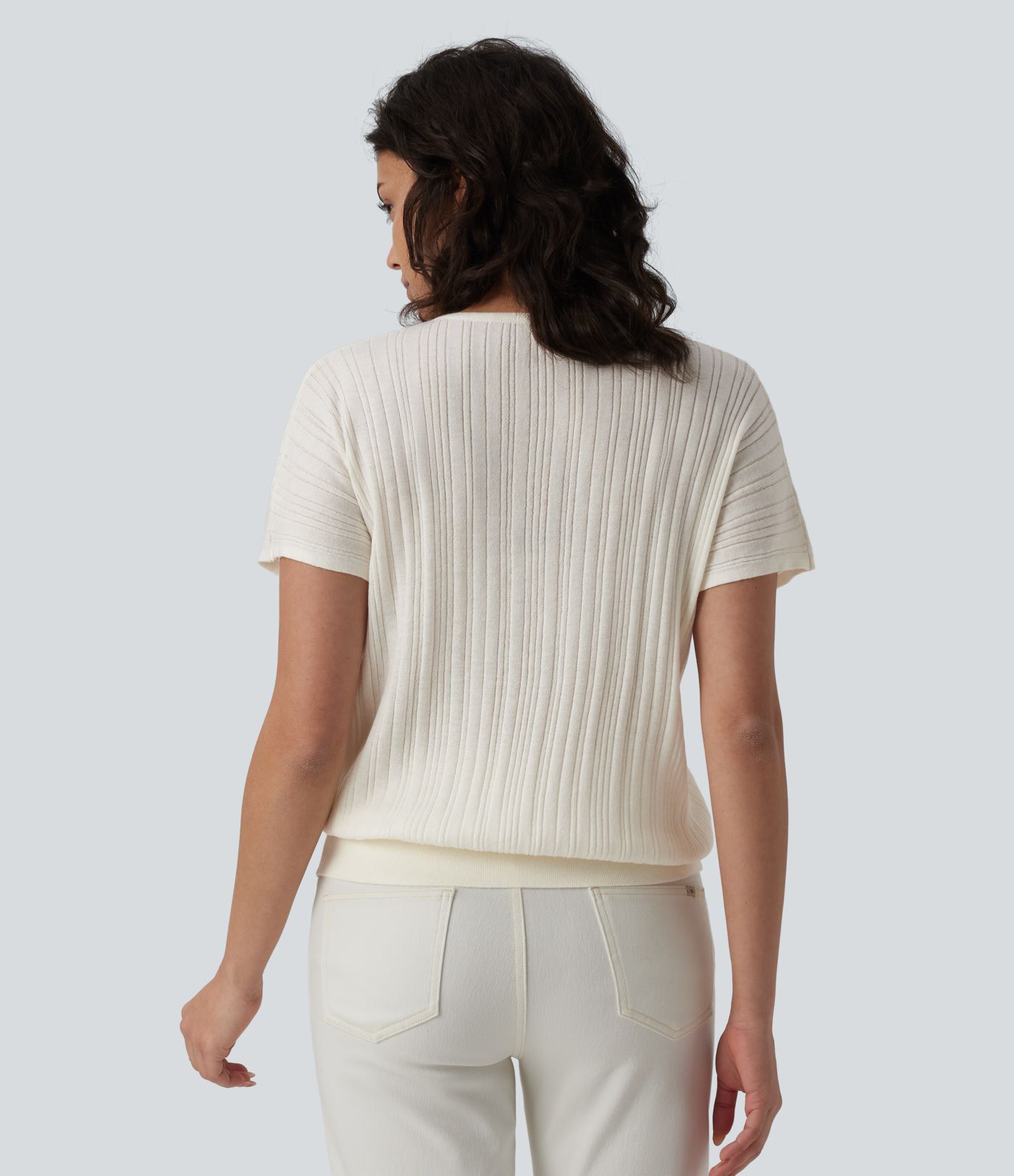 Pull décontracté à col en V, manches courtes, en mélange de laine