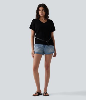 V Neck Short Sleeve Wool-Blend Casual Sweater