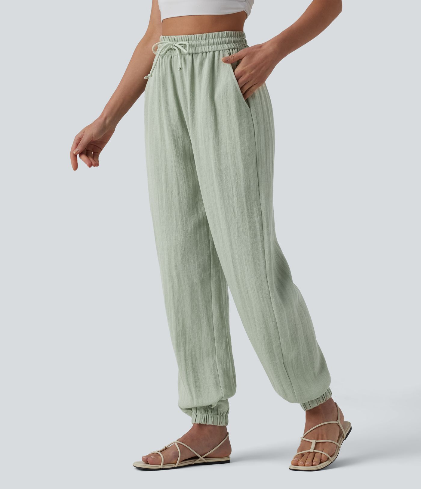 High Waisted Drawstring Wide Leg Casual Linen-Feel Joggers with Pockets