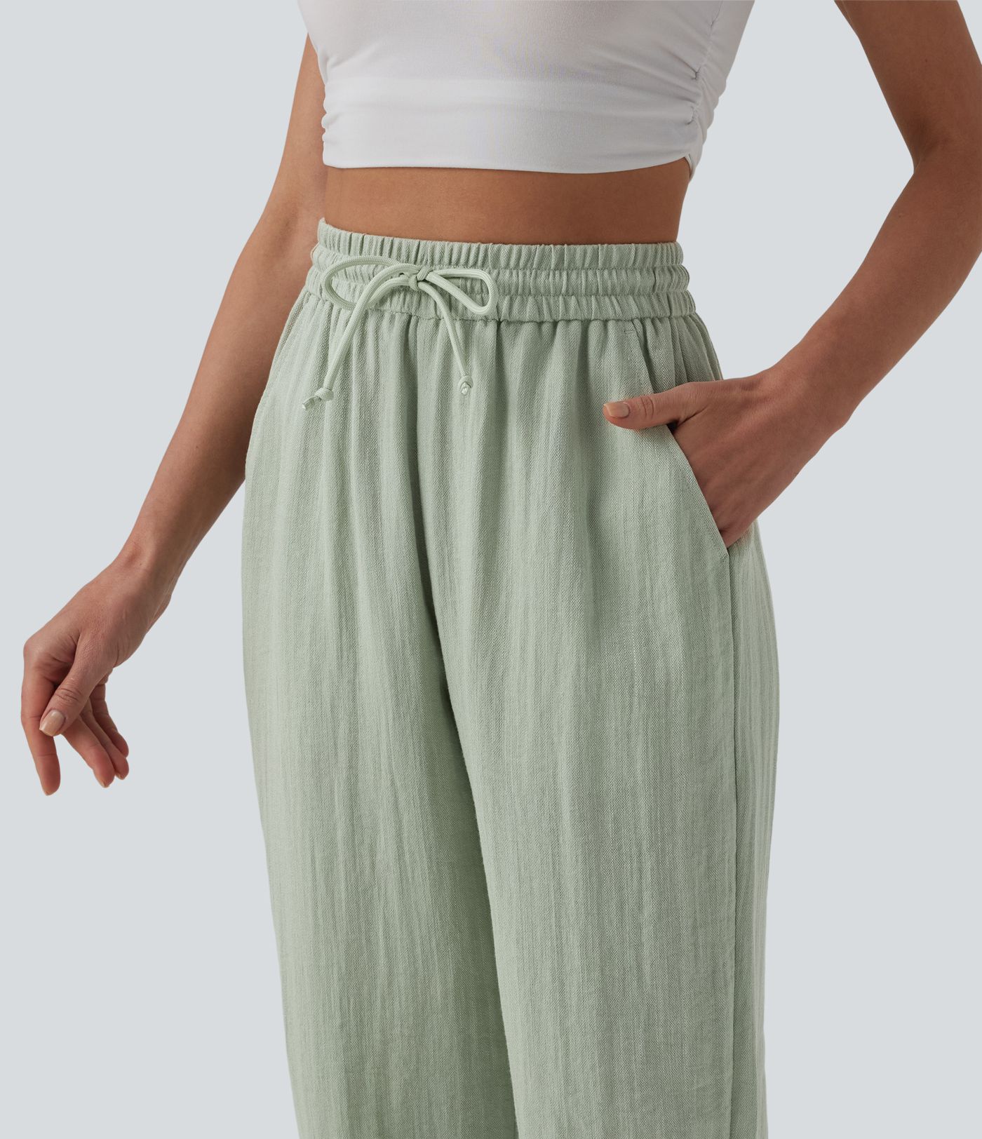 High Waisted Drawstring Wide Leg Casual Linen-Feel Joggers with Pockets