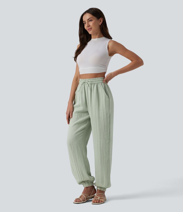 High Waisted Drawstring Wide Leg Casual Linen-Feel Joggers with Pockets