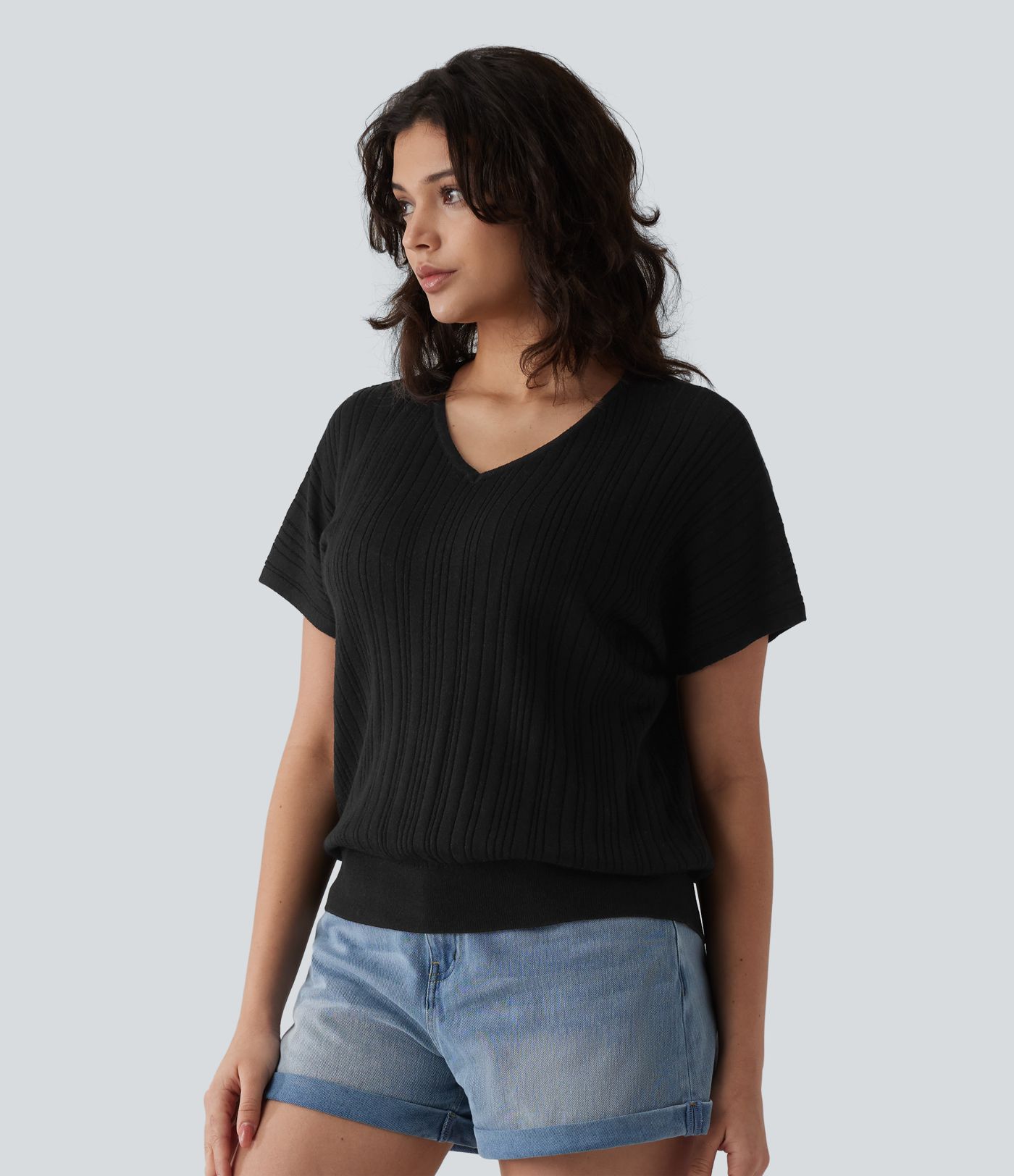 V Neck Short Sleeve Wool-Blend Casual Sweater