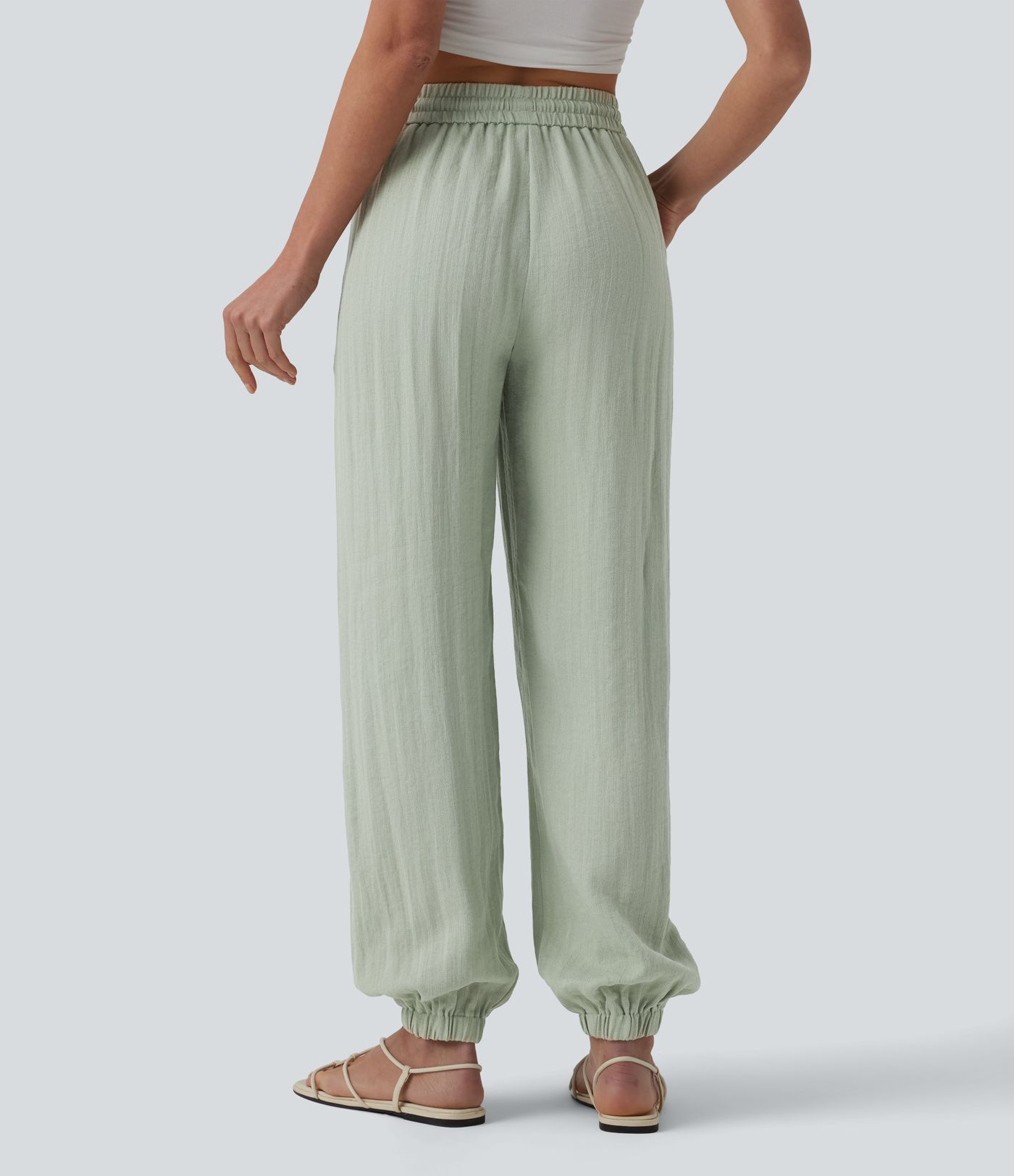 High Waisted Drawstring Wide Leg Casual Linen-Feel Joggers with Pockets