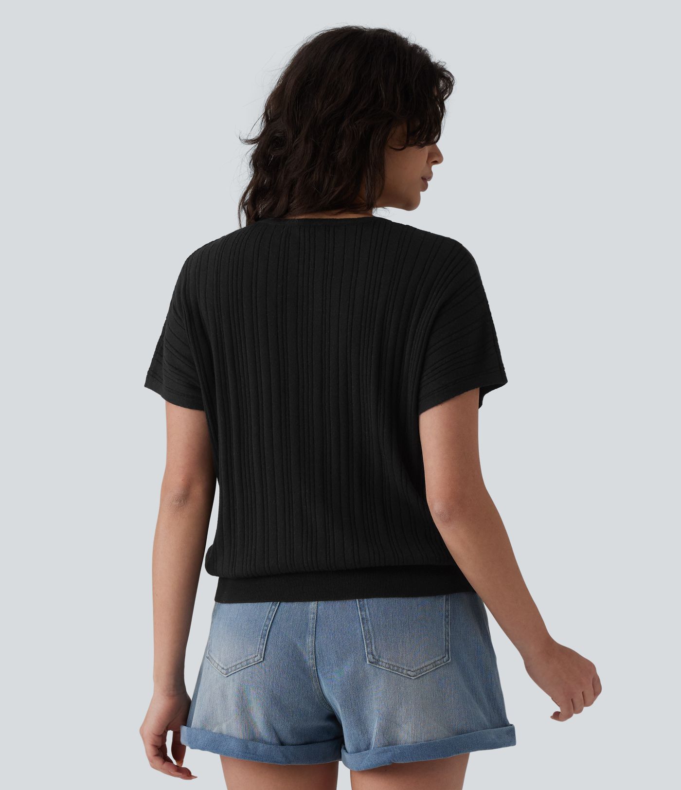 V Neck Short Sleeve Wool-Blend Casual Sweater