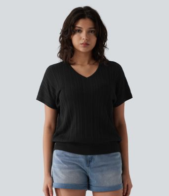 V Neck Short Sleeve Wool-Blend Casual Sweater