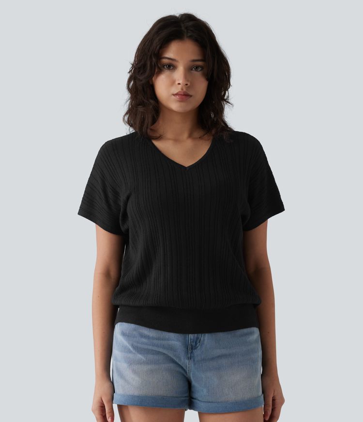 V Neck Short Sleeve Wool-Blend Casual Sweater