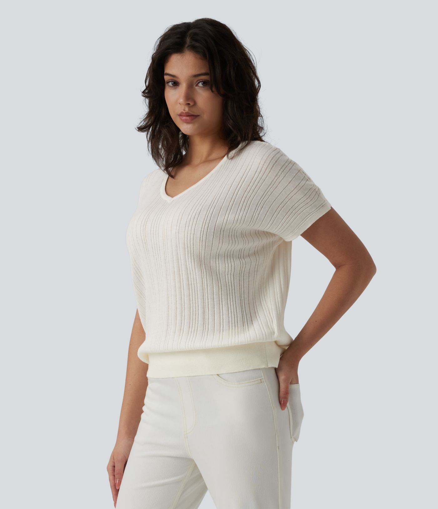 Pull décontracté à col en V, manches courtes, en mélange de laine