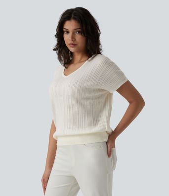 Pull décontracté à col en V, manches courtes, en mélange de laine