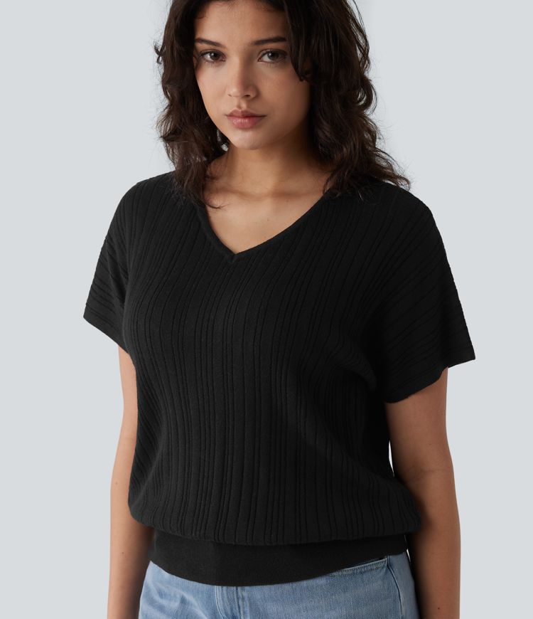 V Neck Short Sleeve Wool-Blend Casual Sweater