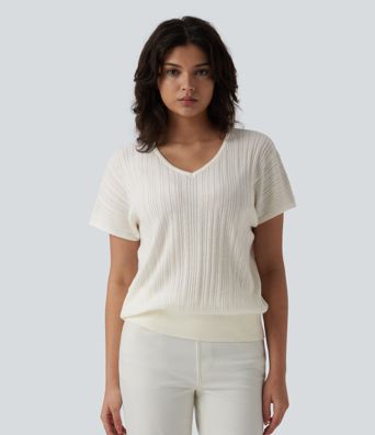 Pull décontracté à col en V, manches courtes, en mélange de laine