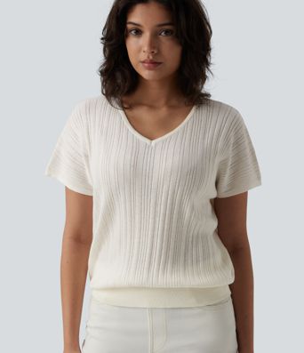 Pull décontracté à col en V, manches courtes, en mélange de laine