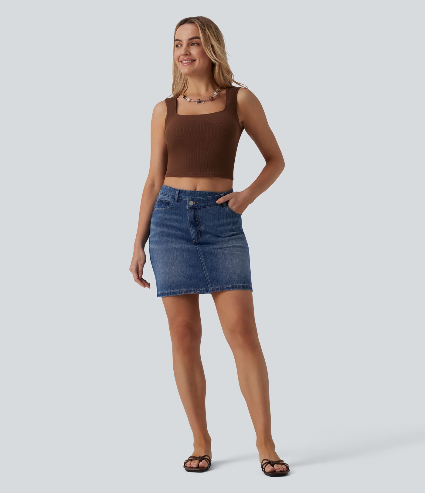 Halara Flex™ Asymmetric Mid Rise Mini Denim Casual Skirt with Pockets