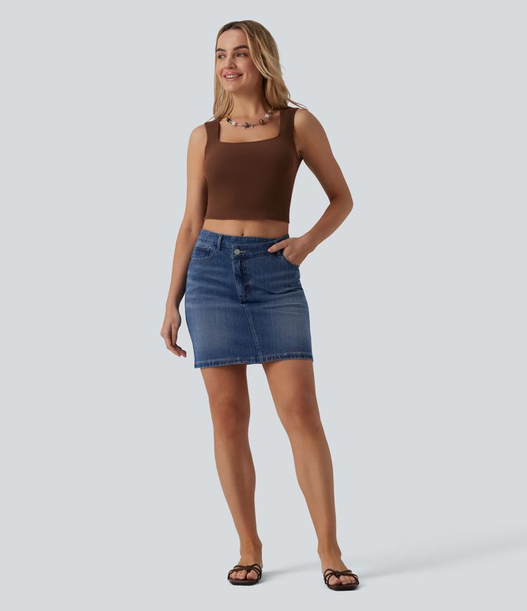 Halara Flex™ Asymmetric Mid Rise Mini Denim Casual Skirt with Pockets