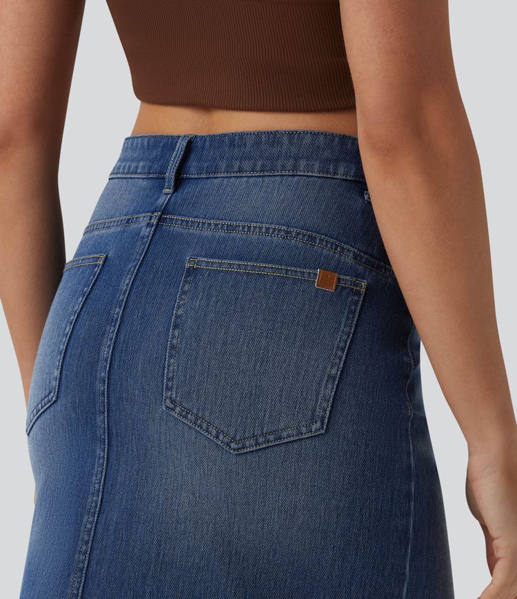 Halara Flex™ Asymmetric Mid Rise Mini Denim Casual Skirt with Pockets