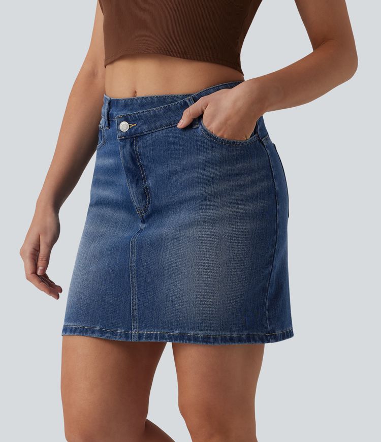 Halara Flex™ Asymmetric Mid Rise Mini Denim Casual Skirt with Pockets