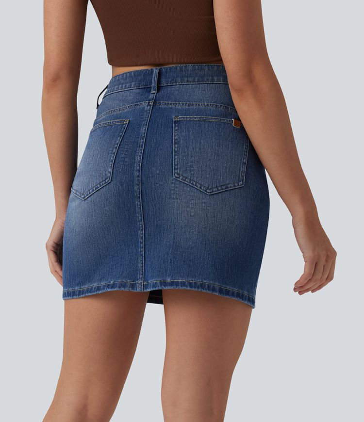 Halara Flex™ Asymmetric Mid Rise Mini Denim Casual Skirt with Pockets