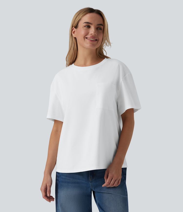 T-shirt casual oversize col rond manches courtes en coton avec poche