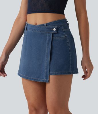 Halara Flex™ - Lässiger Micro-Skort aus Denim mit mittelhohem Crossover-Bund und mehreren Taschen
