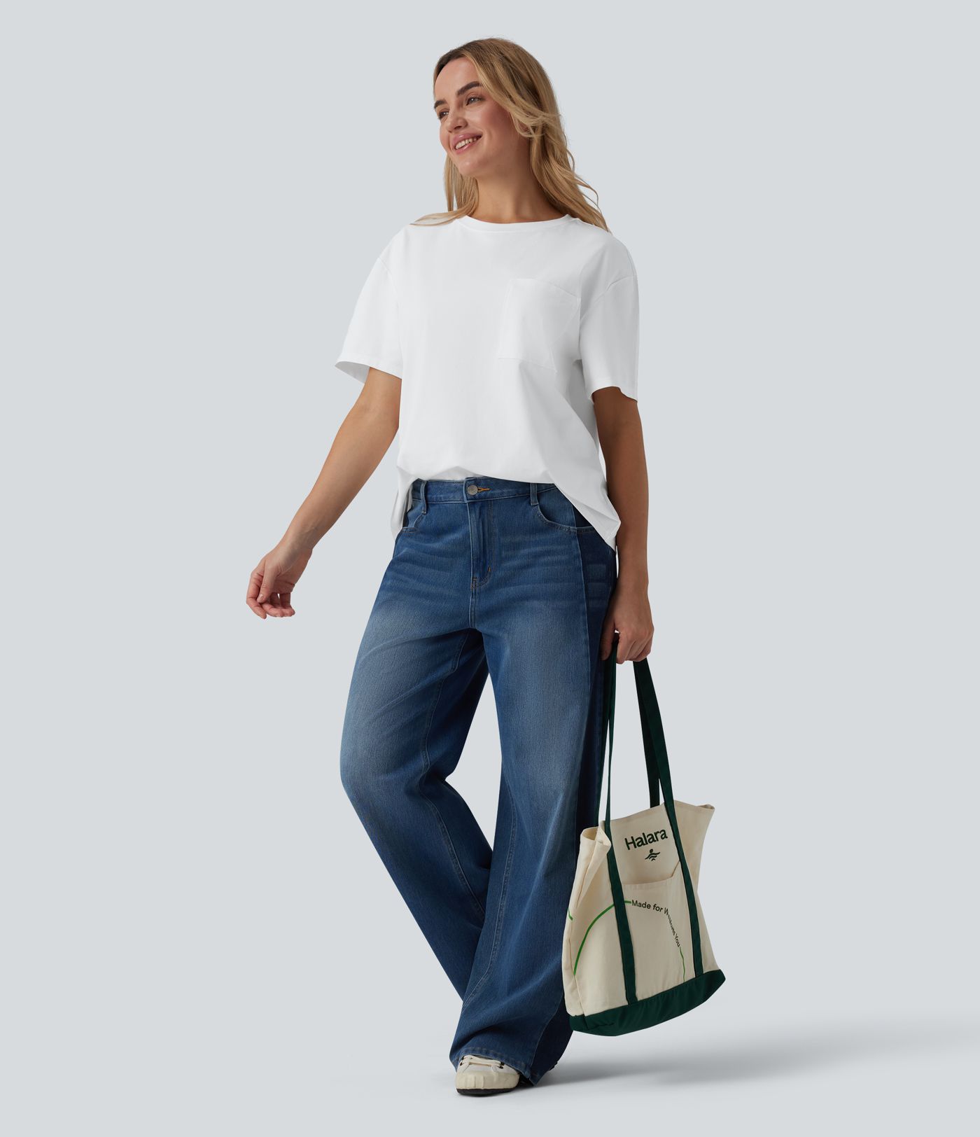 T-shirt casual oversize col rond manches courtes en coton avec poche