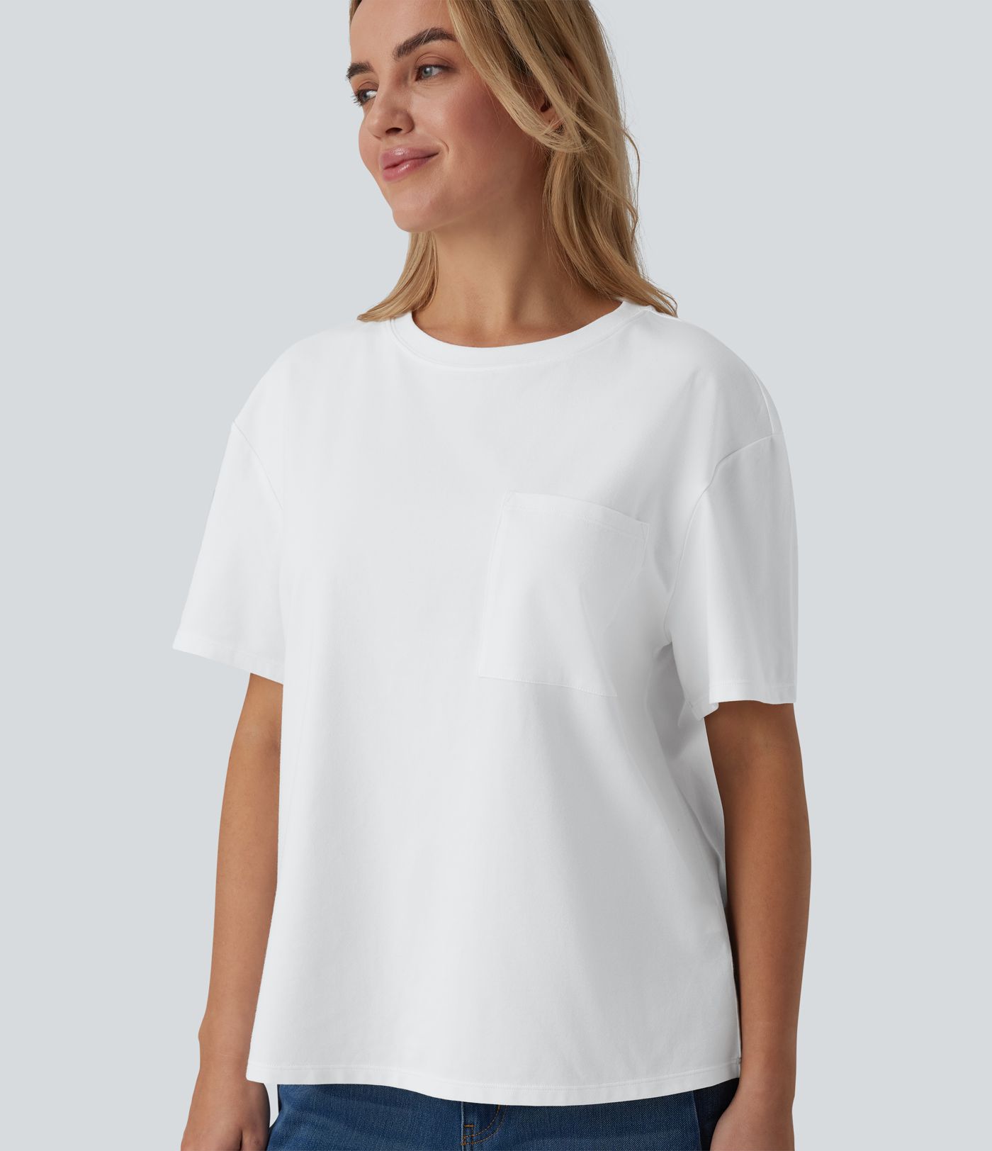 T-shirt casual oversize col rond manches courtes en coton avec poche