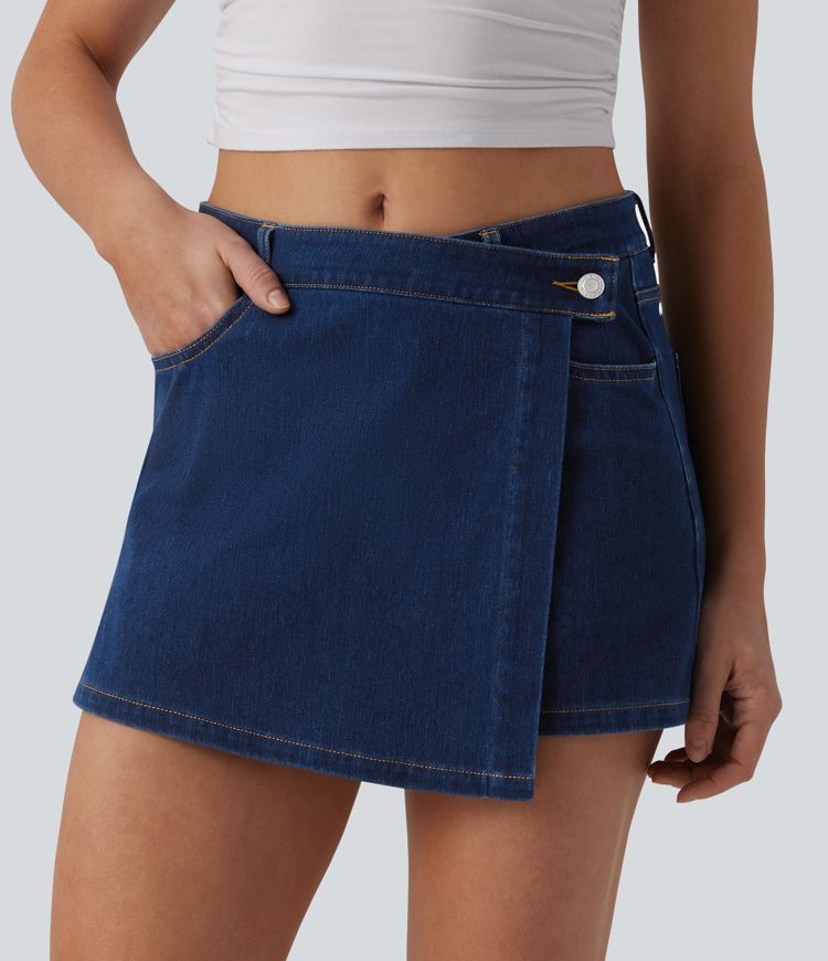 Halara Flex™ Mid Rise Asymmetric Denim Micro Casual Skort with Pockets