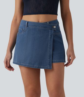 Halara Flex™ - Lässiger Micro-Skort aus Denim mit mittelhohem Crossover-Bund und mehreren Taschen
