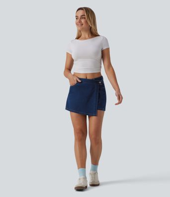 Halara Flex™ Mid Rise Asymmetric Denim Micro Casual Skort with Pockets