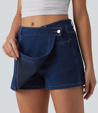 Halara Flex™ Mid Rise Asymmetric Denim Micro Casual Skort with Pockets