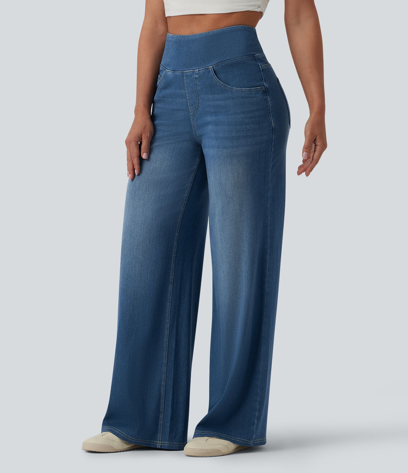 Halara Flex™ High Waisted Tummy Control Wide Leg Washed Casual Jeans with Pockets