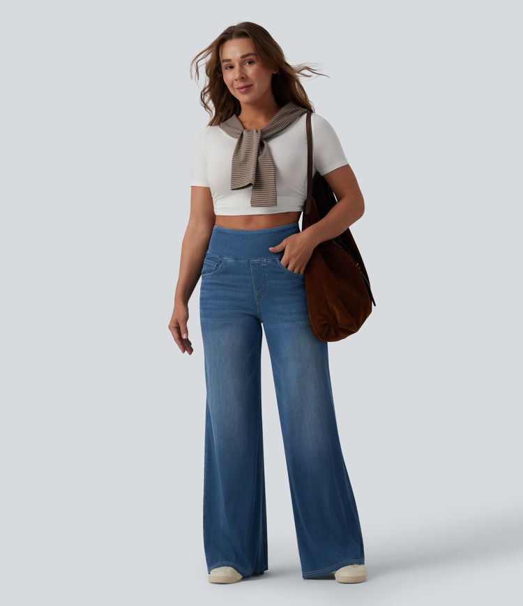 Halara Flex™ High Waisted Tummy Control Wide Leg Washed Casual Jeans with Pockets