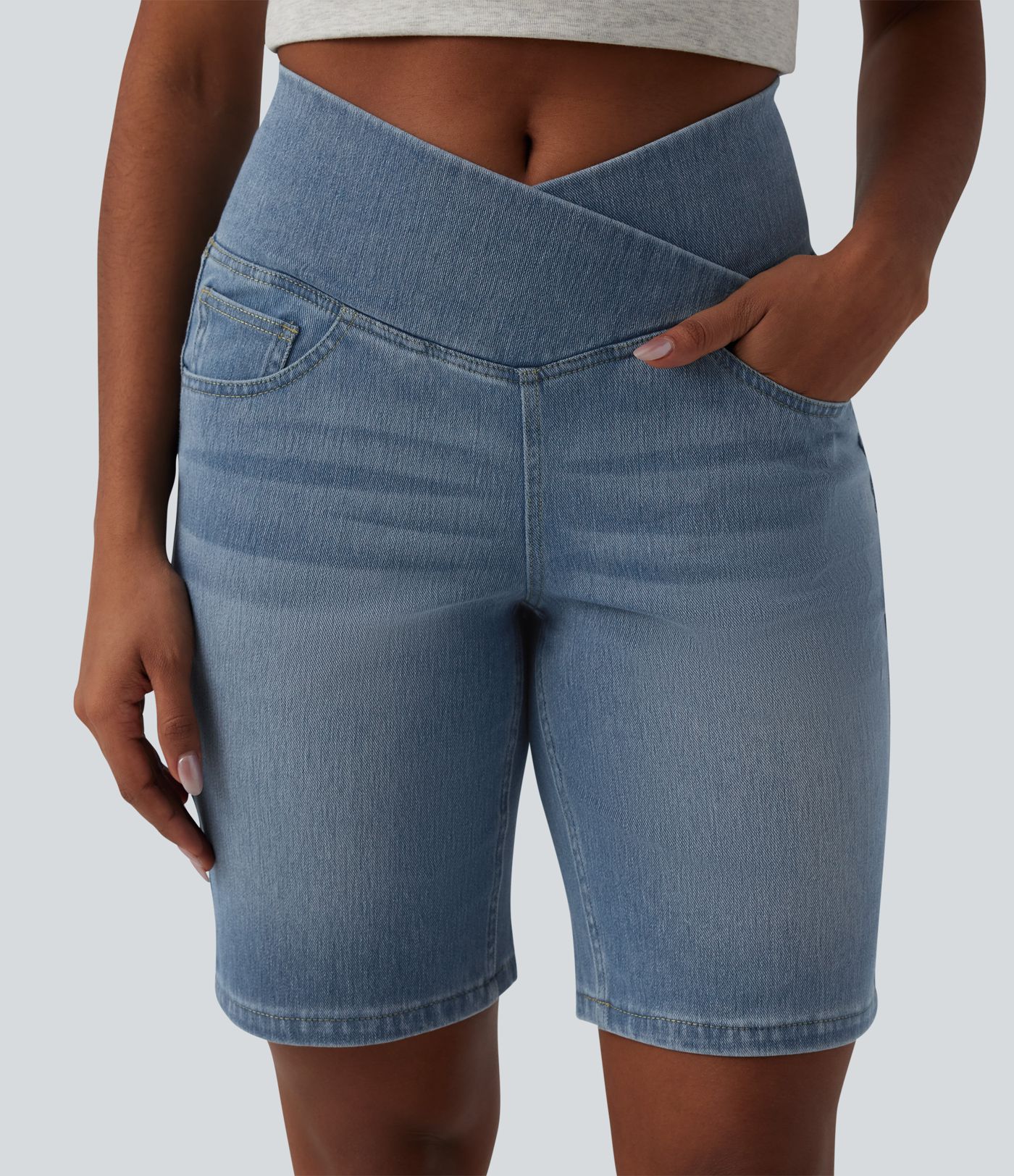 Halara Flex™ High Waisted Crossover Tummy Control Denim Casual Shorts with Pockets