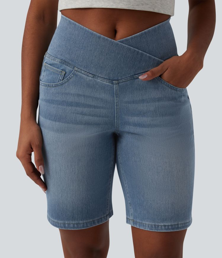 Halara Flex™ High Waisted Crossover Tummy Control Denim Casual Shorts with Pockets