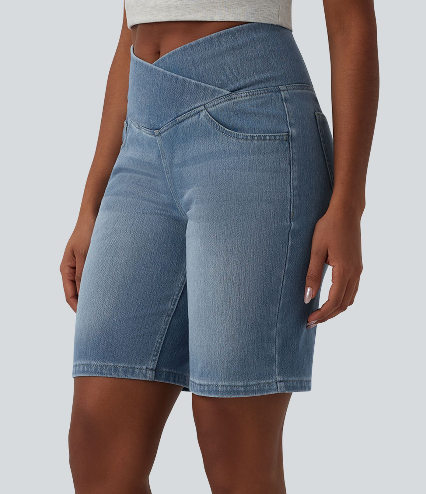 Halara Flex™ High Waisted Crossover Tummy Control Denim Casual Shorts with Pockets
