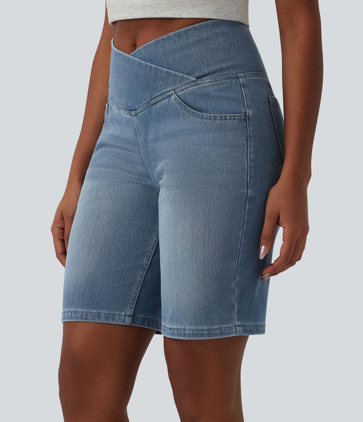 Halara Flex™ High Waisted Crossover Tummy Control Denim Casual Shorts with Pockets