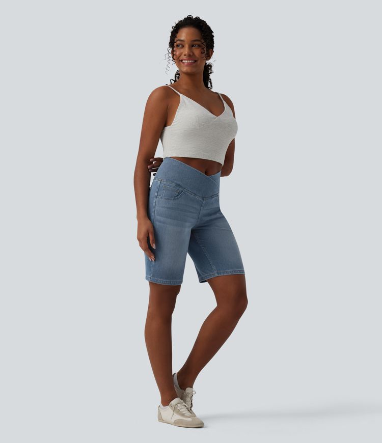 Halara Flex™ High Waisted Crossover Tummy Control Denim Casual Shorts with Pockets