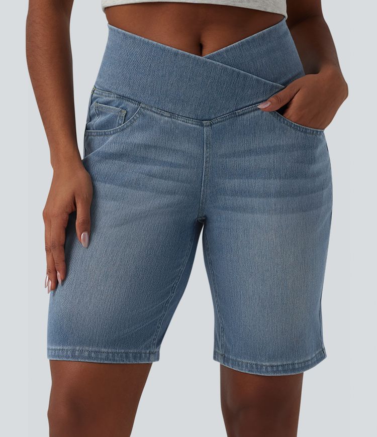 Halara Flex™ High Waisted Crossover Tummy Control Denim Casual Shorts with Pockets