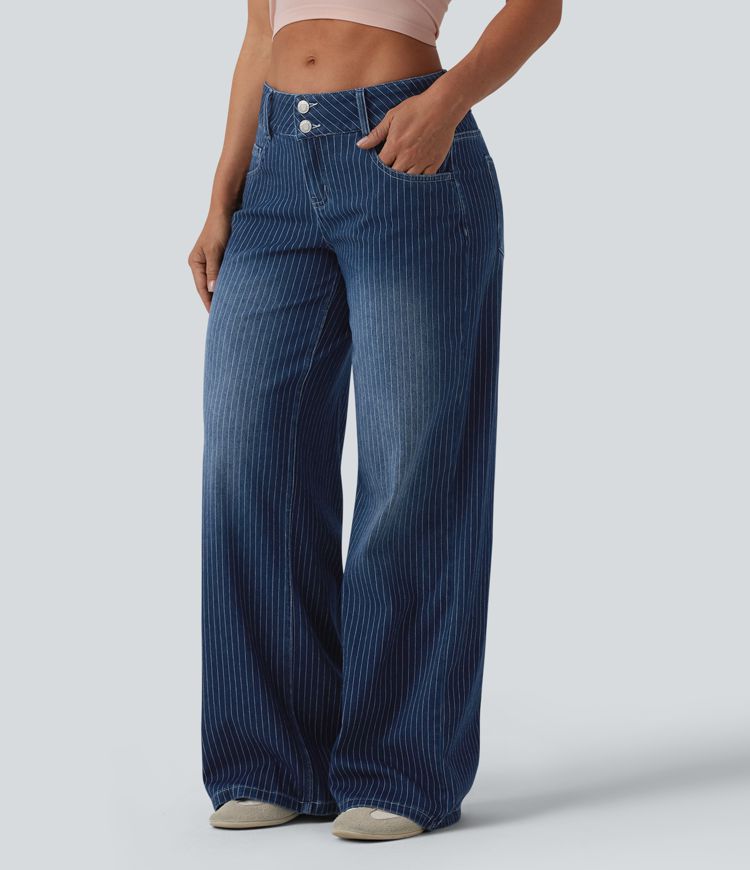 Halara Flex™ - Lässige Jeans mit niedrigem Bund, mehreren Taschen, Streifen und weitem Bein