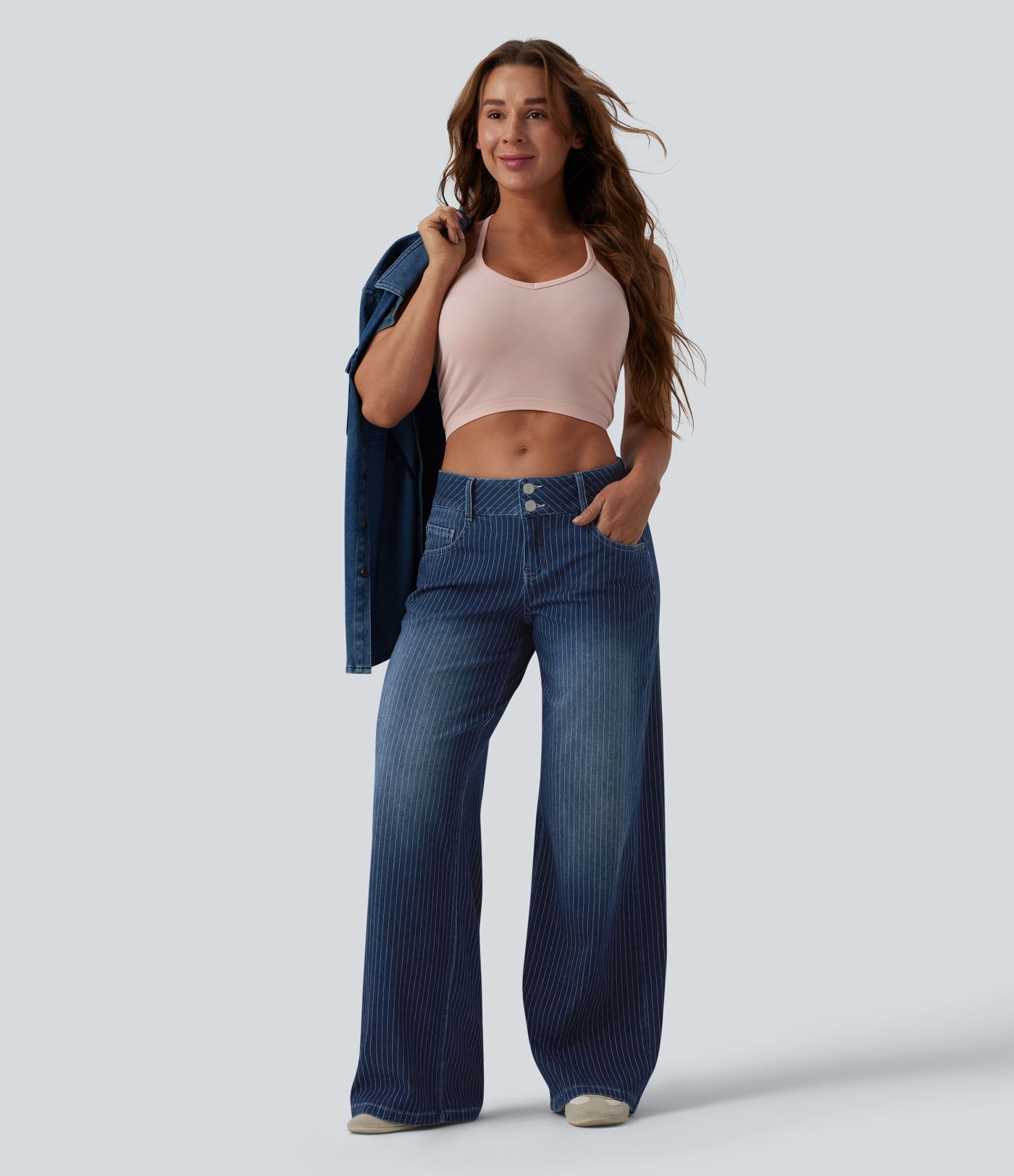 Halara Flex™ - Lässige Jeans mit niedrigem Bund, mehreren Taschen, Streifen und weitem Bein