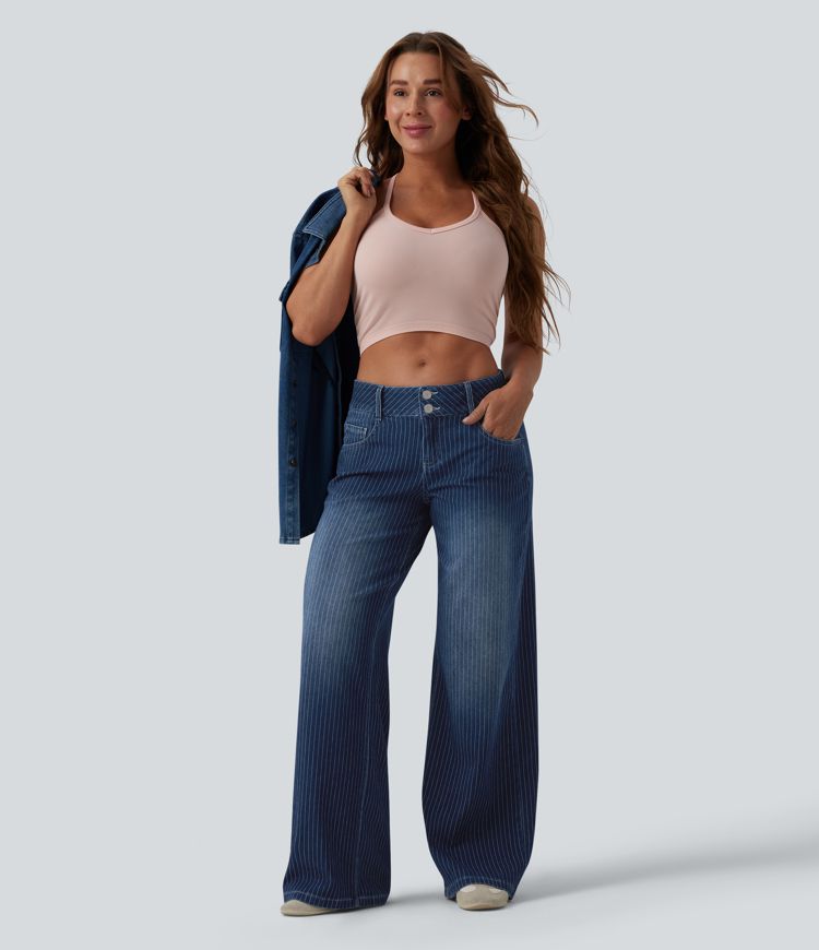 Halara Flex™ - Lässige Jeans mit niedrigem Bund, mehreren Taschen, Streifen und weitem Bein